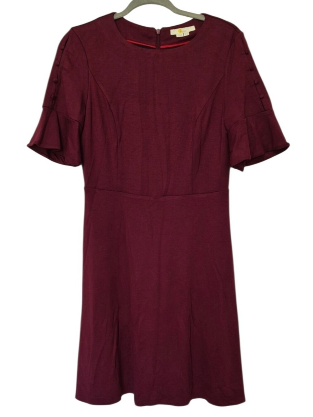 Boden Burgundy Bell Sleeve Ponte Dress Petite 8 Button Detail Stretch